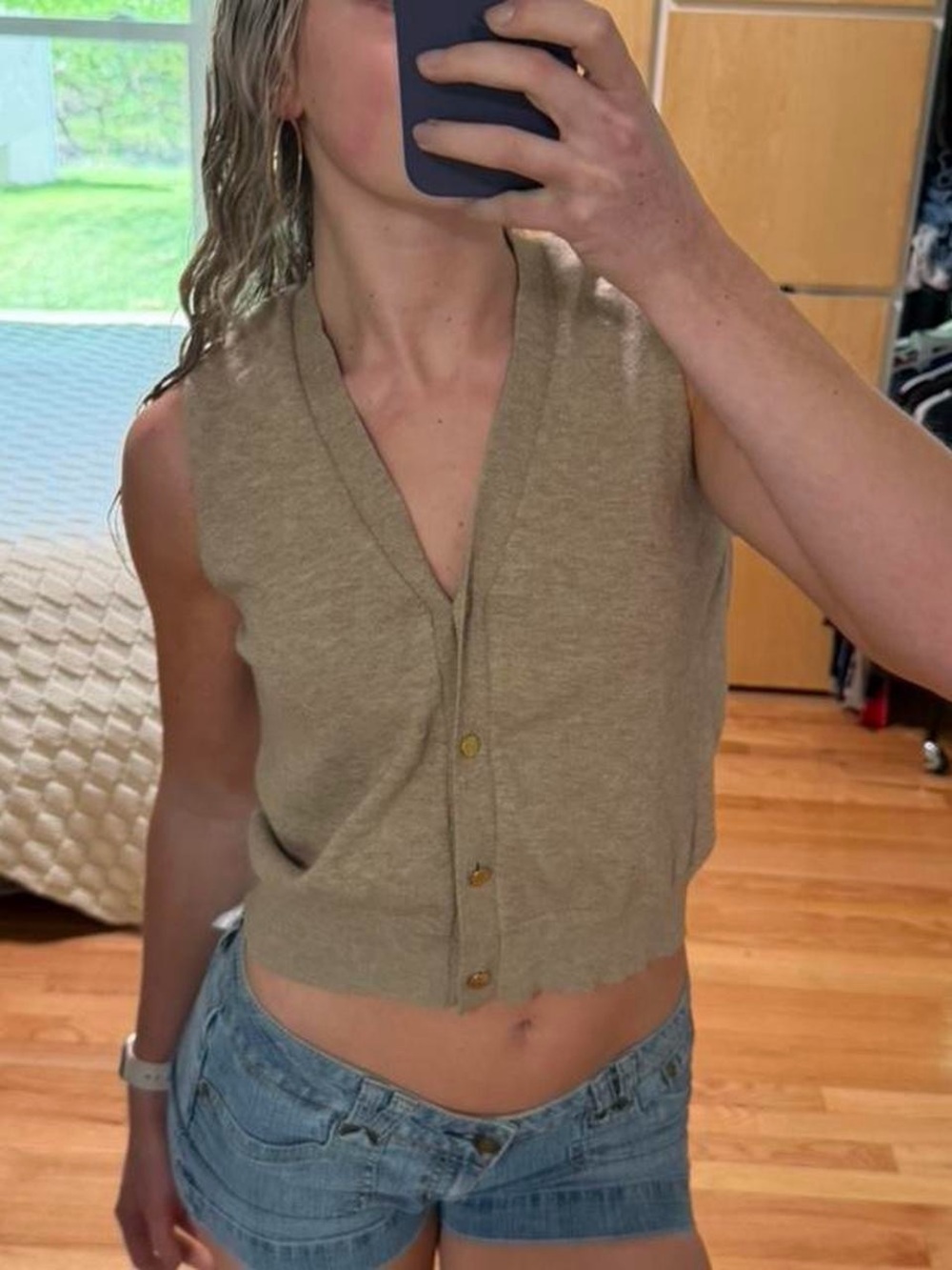 French Connection Taupe Sleeveless Button-Front Crop Vest
